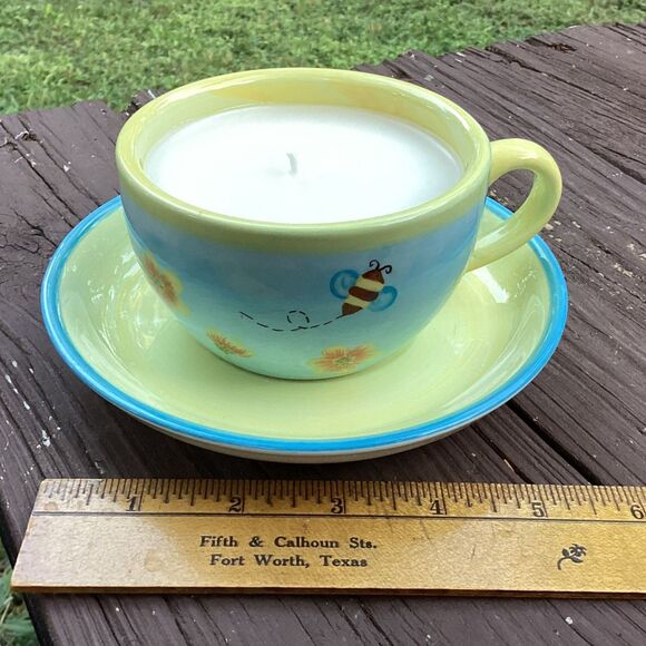 Bee Teacup Candle • Fresh Bamboo • Premium Wax • Repurposed Cup & Saucer - Picture 3 of 4